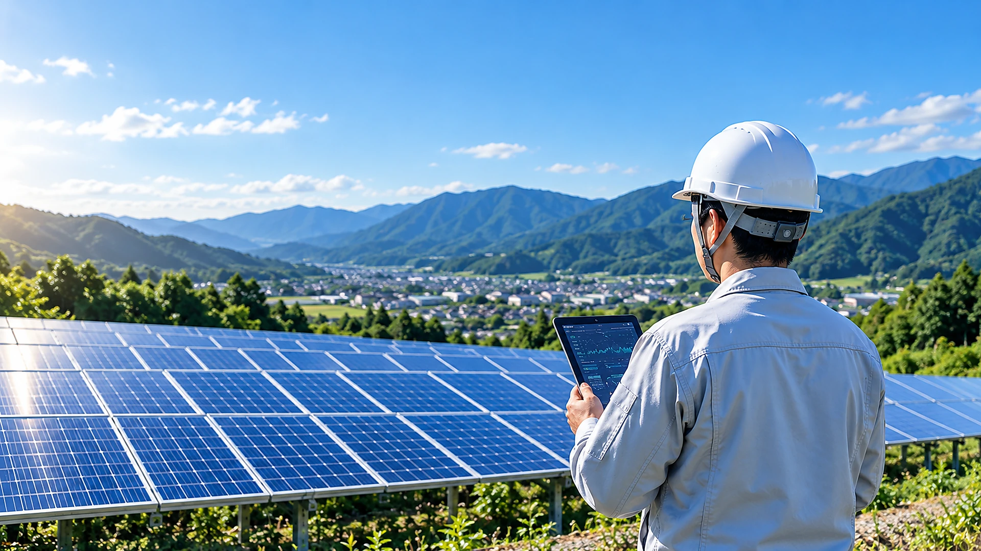 太陽光発電所で発電データを確認する技術者